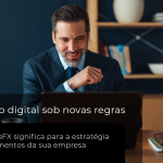 Empresário analisando pagamentos internacionais para empresas em um ambiente corporativo, com notebook e recursos digitais.